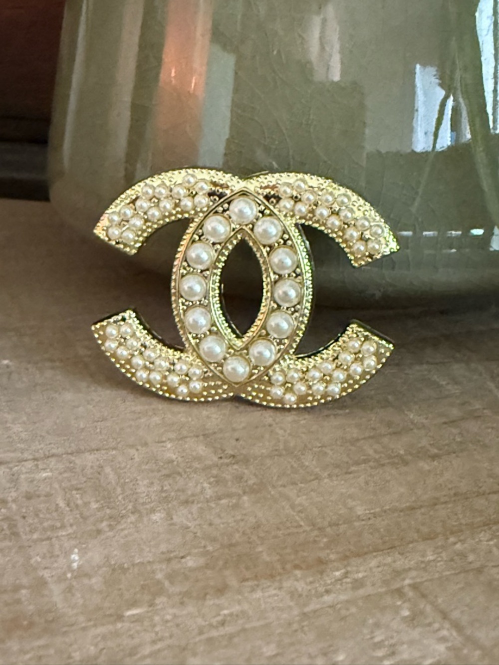Gold Tone & Faux Pearl Double C Style Brooch – Classic Statement - Picture 3 of 7